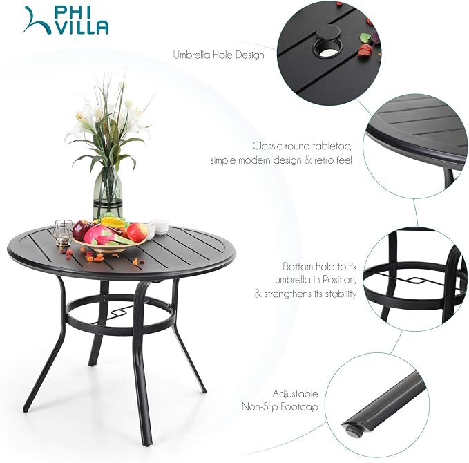 PHI VILLA 38 Inch Outdoor Round Dining Table, Metal Wrought Iron Slat Patio Table with 1.87" Umbrella Hole for Garden, Backyard and Porch (Black) - Image 4