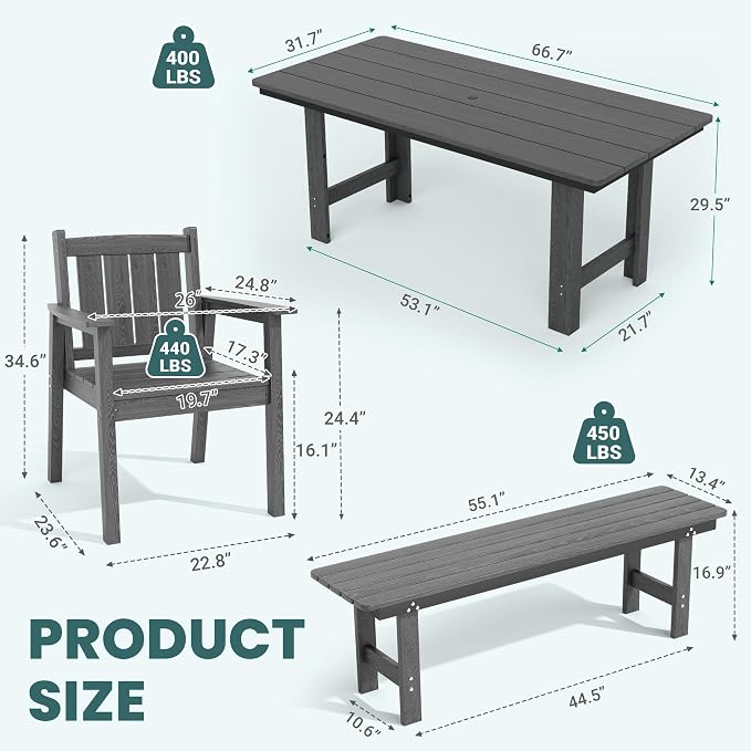 Pamapic 5 PCS Outdoor Dining Set, Spacious HDPE Outdoor Table and Chairs with 2 Bench, Wood Grain Patio Furniture Sets with Elegant Armrest, All-Weather Outdoor Furniture with Umbrella Hole, Gray - Image 5