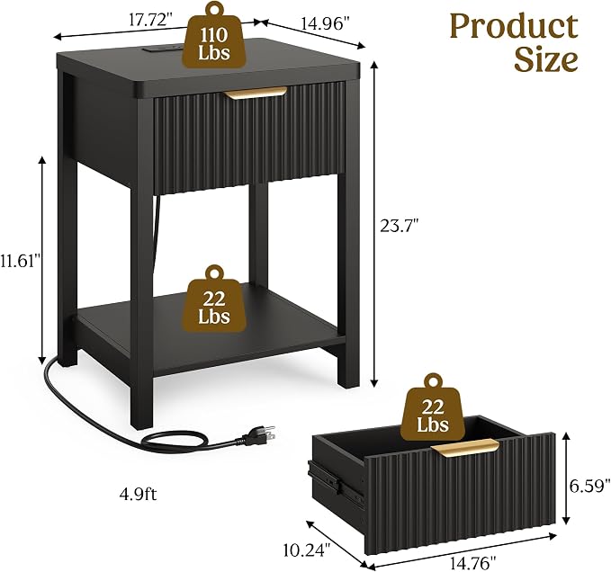 Lulive Night Stand Set 2, Fluted Nightstand with Charging Station, Wood Modern Bedside End Table with Storage Drawer for Bedroom, Save Space (Set of 2, Black) - Image 3