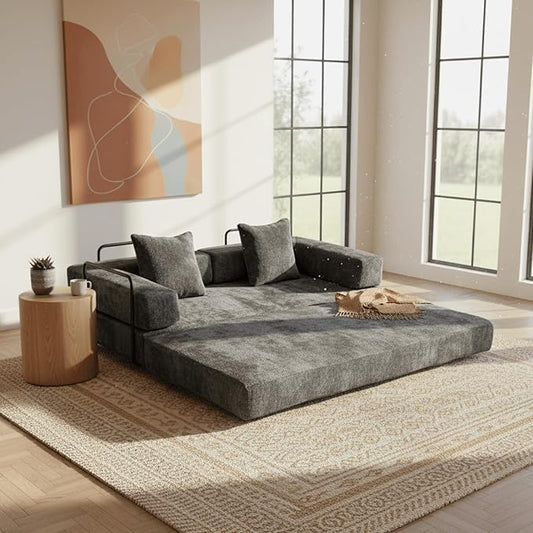 Alpen Futon Sofa Bed, 4-in-1 Floor Foldable Sofa Couch Bed Queen with L-Shaped Armrests, Convertible Folding Chair Bed Sleeper Mattress Sofa in A Box for Living Room Bedroom, Dark Grey