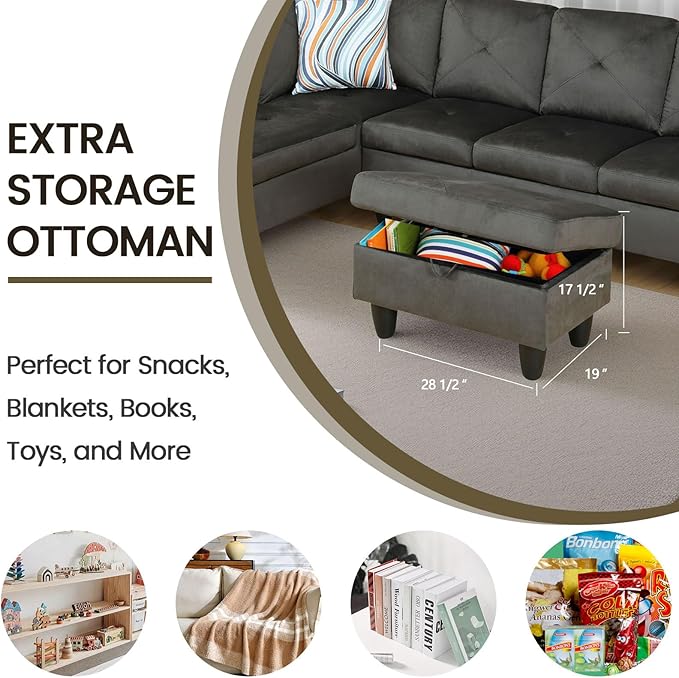 Sectional Couches for Living Room Furniture, 4 Seat L Shaped Couches with Ottoman, Modular Sectional Sofa for Apartment Furniture Sets, Grey