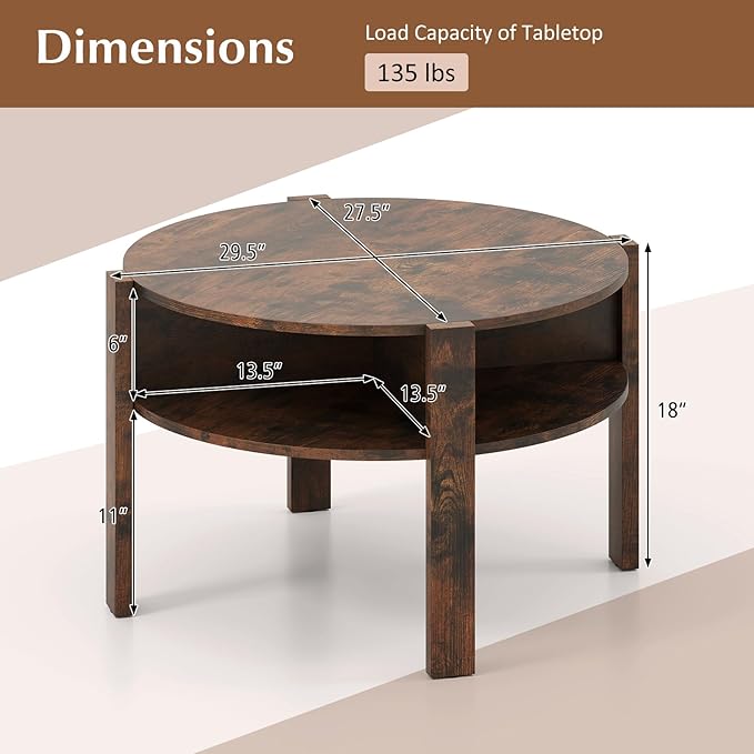 Tangkula Round Coffee Table, 29.5” 2-Tier Circle Cocktail Center Table with Storage Shelves, for Small Spaces, Living Room (Rustic Brown)