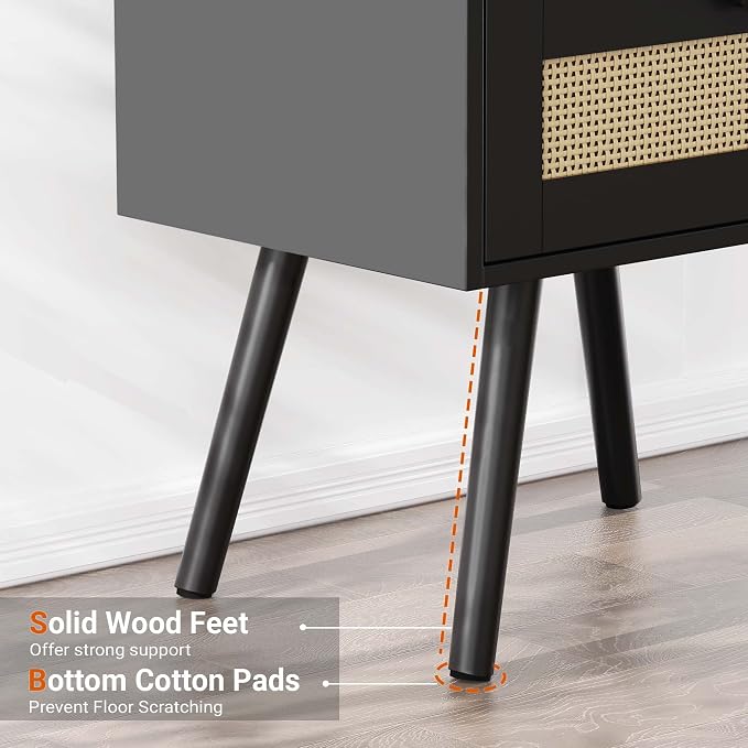 SUPERJARE Nightstands with Charging Station, Bedside Table Set of 2 with PE Rattan Drawers, Rattan Side Table with Storage & Solid Wood Feet, End Table for Bedroom, Black - Image 6