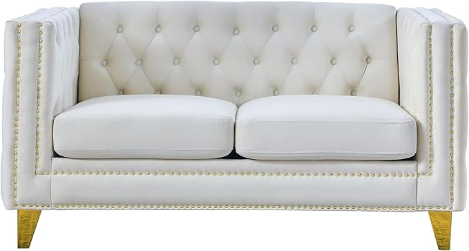 KEIKI Tufted Velvet 2 Seat Sofa Couch for Living Room, Buttons Tufted Square Arm Couch for Home Apartment, Beige