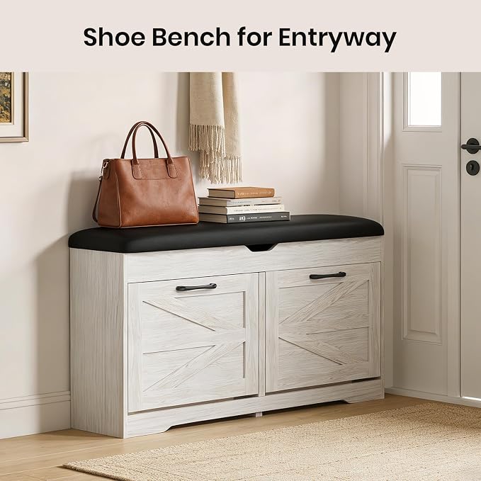 Shoe Storage Bench Cushion, Entryway Bench with Storage, End of Bed Shoe Benches, Small Shoe Rack Benches, Entry Way Shoes Cabinet for Entryway, Bedroom, Living Room, Farmhouse, White - Image 4