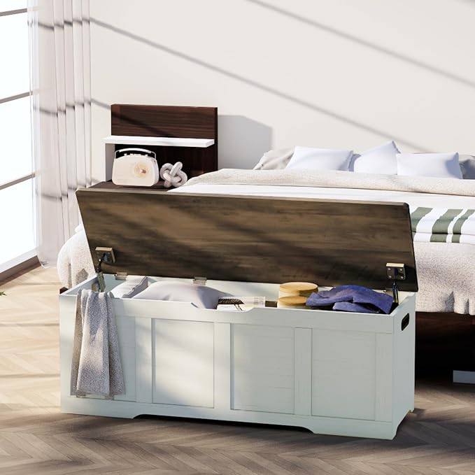 Timberer 47.2" Storage Chest, Extra Large Storage Trunk with 2 Safety Hinges, Wooden Storage Bench, Shoe Bench, Entryway Bench for Living Room, Bedroom, Brown and Rustic White - Image 2
