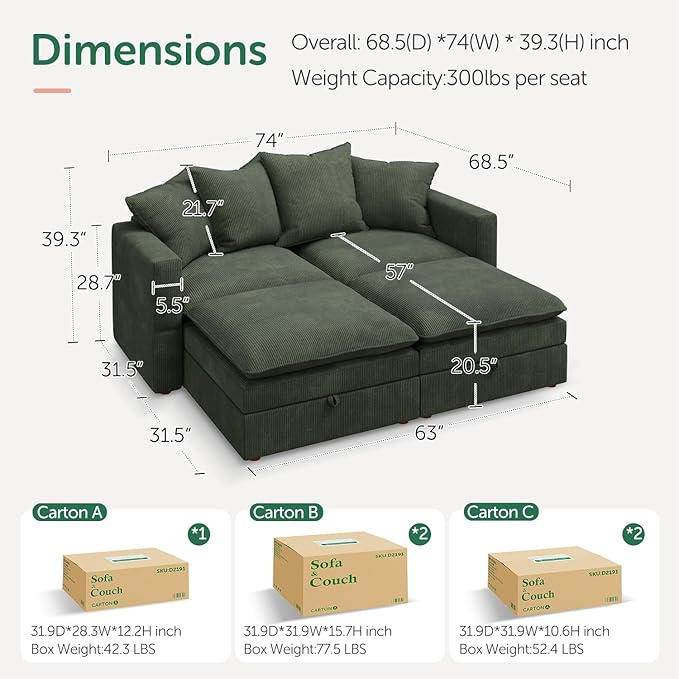 HONBAY Modular Sectional Sleeper Sofa, Corduroy 4 Seater Couch with Storage, Sectional Sleeper Couches for Living Room, Green