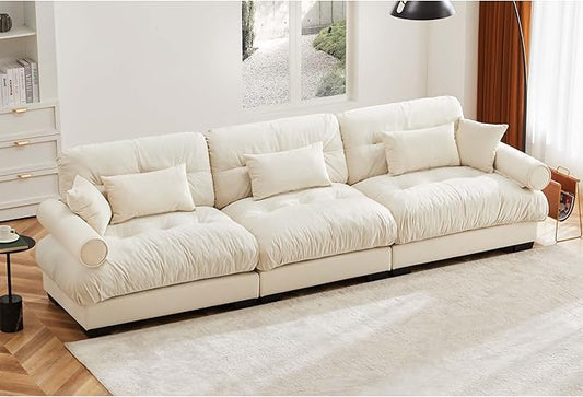 KEIKI 130" Oversized Velvet Modular Sectional Sofa with High-Density Foam Cushion and Bolstered Armrests, Upholstered Modern Style 3-Seater Cloud Couch with 5 Pillow, for Apartment, Living Room, Cream
