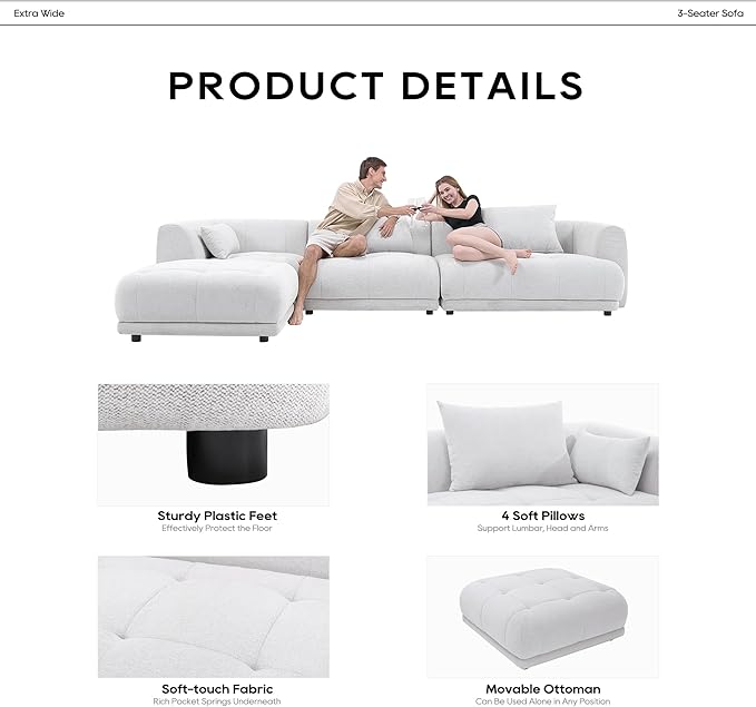 COLAMY 144" Cloud Sectional Couch with Ottoman,Modular Sectional Sofa with 3 Large Seat and 1 Movable Ottoman for Living Room,DIY Combination, Chenille, Beige