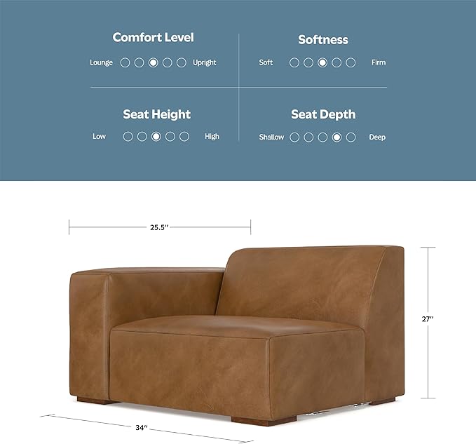 SIMPLIHOME Rex Left-Arm Sofa Module in Full-Grain Genuine Leather, Caramel Brown, 44-inches Wide, Handcrafted Modern-Style Left-Arm Accent Chair for Living Room and Family Room