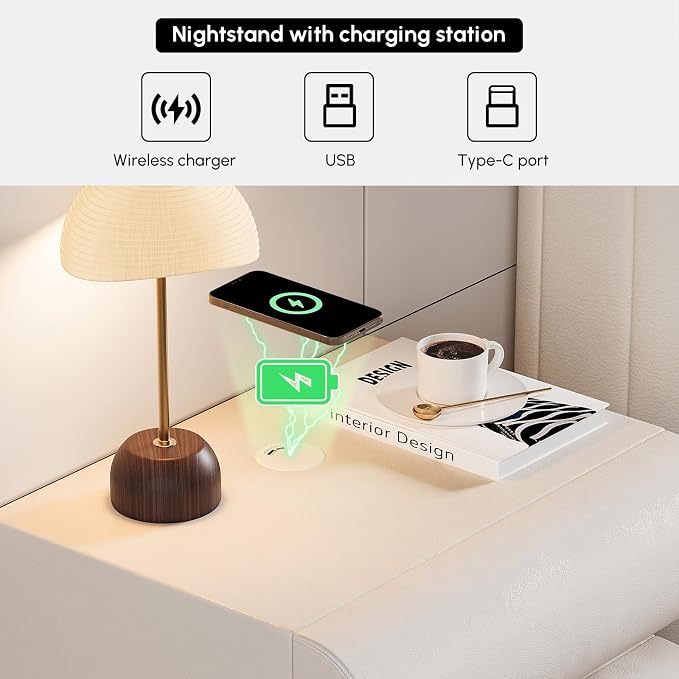 homary Smart Nightstand with Wireless Charging, USB & Type-C Ports – Modern Off White Faux Leather Nightstand with 3 Drawers, Bedside Table with Charging Station for Bedroom - Image 3