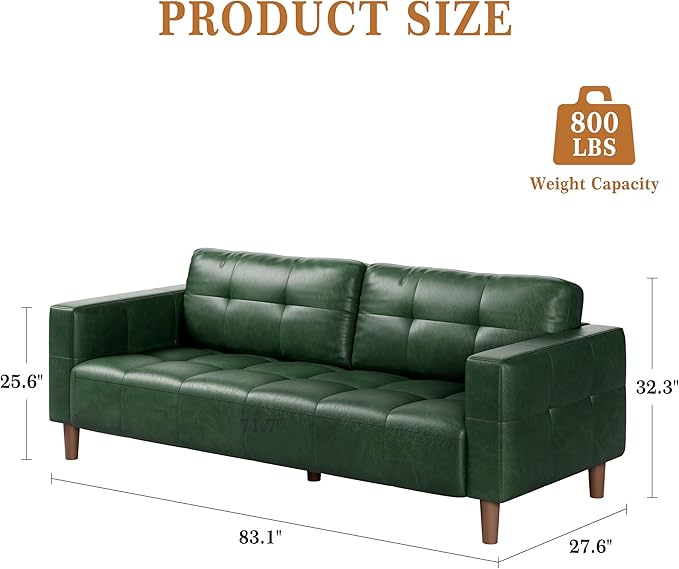 GarveeHome 3-Seater Sofa Couch, 83 in Wide Faux Leather Sofa Couch with Spring Cushion, Modern Sofa with Deep Seats and 2 Removable Back Cushions, for Living Room, Bedroom, Apartment, Office, Green