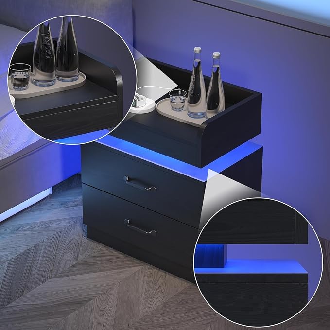 4ever2buy Black Nightstand Set of 2 with Charging Station and LED Lights Modern Bedside Tables with Drawers End Tables for Bedroom - Image 8