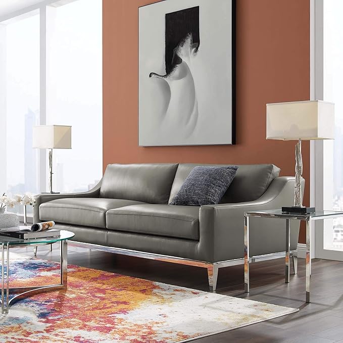 Modway Harness 83.5" Leather Sofa in Gray with Stainless Steel Base
