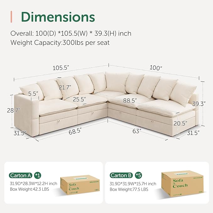 HONBAY Modular Sectional Sofa, 5 Seaters Corduroy Sectional Couch, L Shaped Sofa with Storage & Adjustable Backrest, Beige