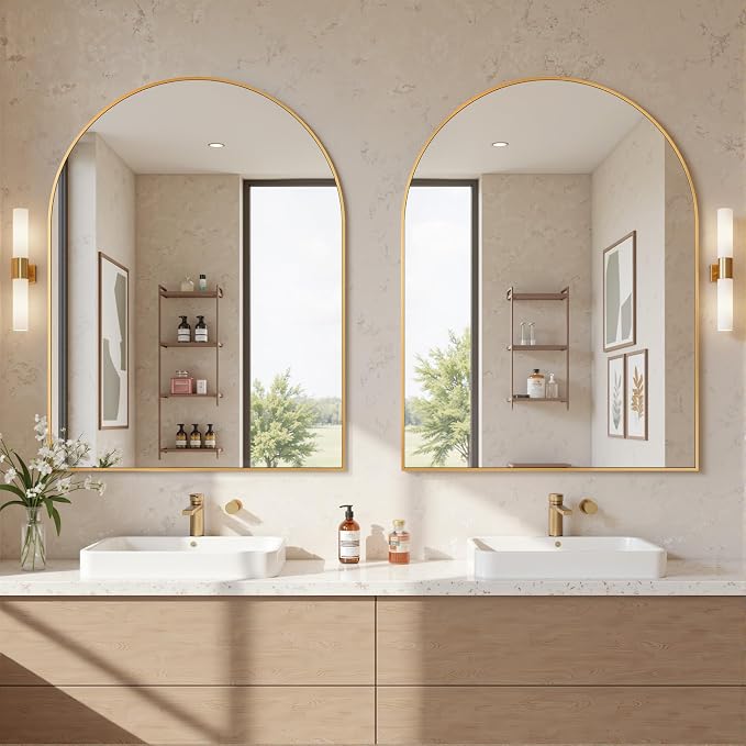 Antok Arched Bathroom Mirror, 30"x40" Wall Mounted Mirror, Vanity Mirrors for Over Sink, Aluminum Alloy Frame Bathroom Mirrors Living Room, Bedroom and Entryway, Gold - Image 4