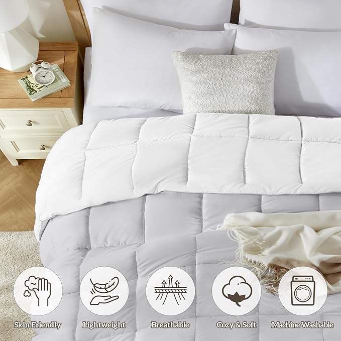 Homelike Moment Comforter King Size - Grey Duvet Insert Down Alternative Bed King Comforter, Lightweight Bedding Comforters Quilted Soft All Season Reversible White/Light Gray