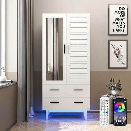Hlivelood 2 Door Armoire Wardrobe Closet Cabinet with Mirror, Drawers and LED Lights, Multi-Tier Shelves, Hanging Rod & 2 Louver Doors, Large Capacity Storage Wardrobe Armoire for Bedroom, White