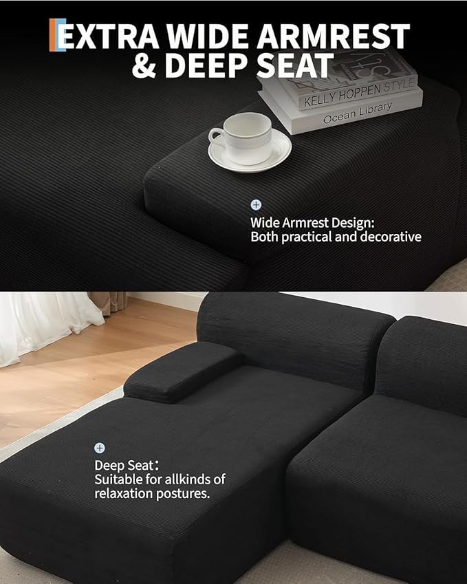 108" Sectional Couches for Living Room, Modular Sectional Sofa with L-Shape Chaise, Cloud Couch, Comfy Corduroy Couch with Deep Seat, No Assembly Required,Black