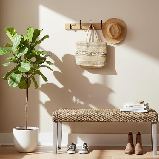 Solid Wood Acacia Indoor Bench with Natural Woven Water Hyacinth Seat, Wood Bench for Living Room or Entryway, Vintage Bench, Fishbone Style, Plait Style with Grey Leg by AVCONNECT