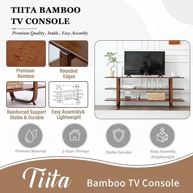 Tiita Wooden TV Stand for 65 Inch TV, Modern Media Console Table with 3-Tier Storage Shelves, Long Entertainment Center for Living Room, Walnut TV Stand with Open Display Rack - Image 9
