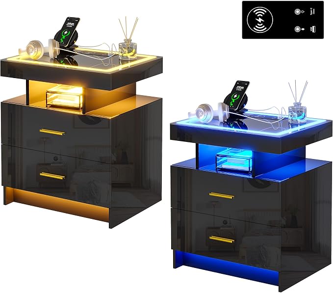 HNEBC Auto LED Nightstand Set of 2, Smart Night Stand with Charging Station & USB Ports, High Gloss Bedside Table has 2 Drawers,Modern End Side Table for Bedroom (Black) by HNEBC