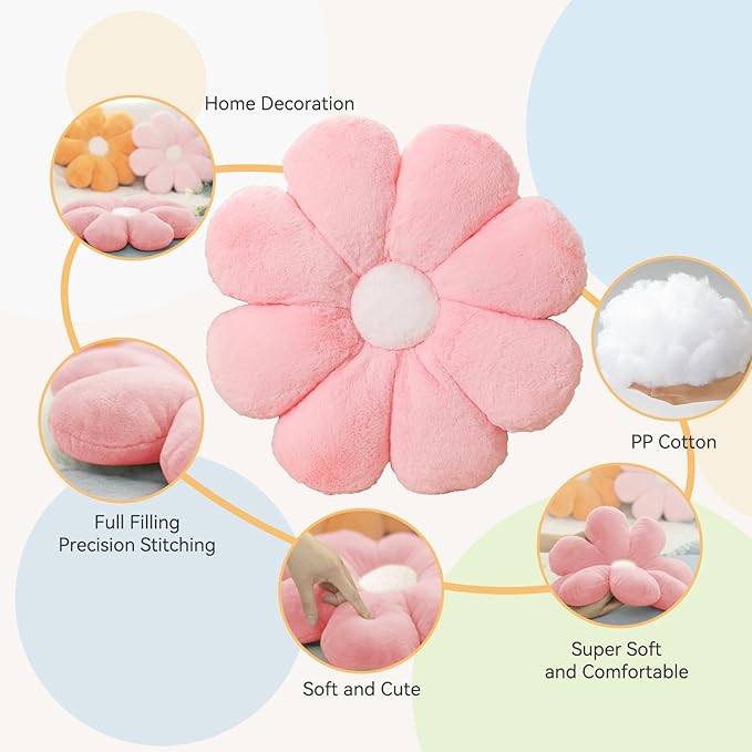 FIONOUT Pink Flower Pillow, 17.7In Daisy Pillow,Cute Floor Pillow for Sitting, Room Decor & Flower Shaped Pillow Decorative Throw Pillows for Bed Couch Chair (45CM Pink)