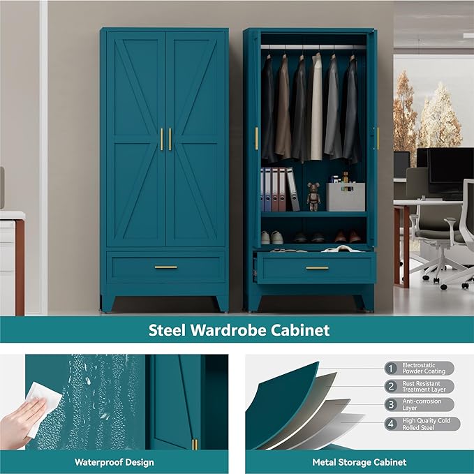 Blue Metal Wardrobe Closet for Bedroom, 71" Freestanding Armoire Wardrobe with Drawer and Shelf, Hanging Rod Clothing Storage Cabinet with Two Doors, Tall Farmhouse Clothes Cabinet Bedroom Armoires