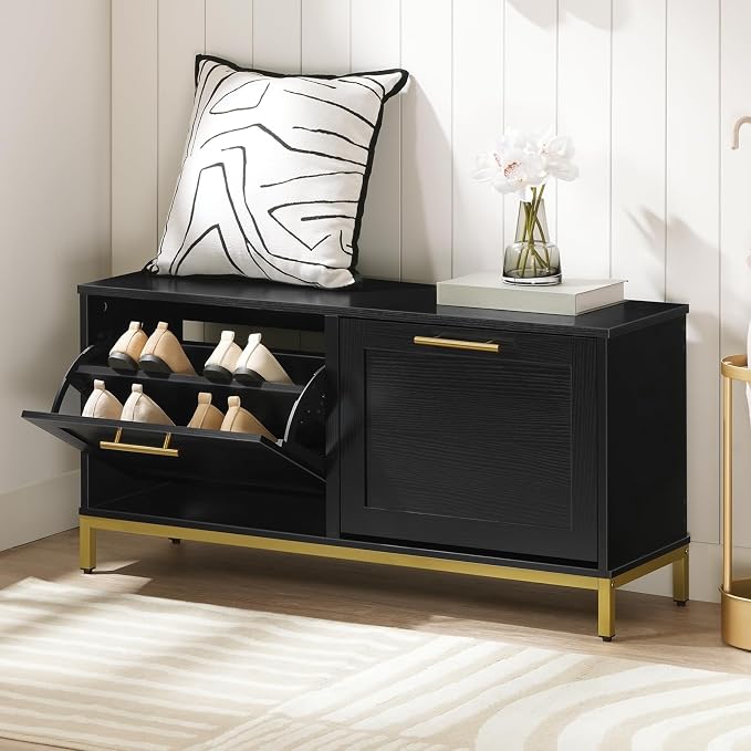 HOOBRO Shoe Bench with Storage, Shoe Storage Bench with 2 Flip Drawers, 39.4" Shoe Cabinet with Bench, Hidden Shoe Rack Organizer for Entryway, Foyer, Hallway, Mudroom, Black and Gold DB48HX01 - Image 2
