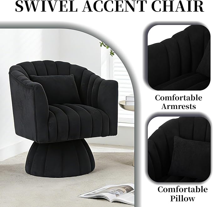 ClinQ Swivel Barrel Chair with Pillow Set of 3, 360° Cloud Velvet Round Swivel Accent Chair, Upholstered Cuddle Reading Lounge Chair for the Living Room, Bedroom, and Office, Black-Vertical Stripes