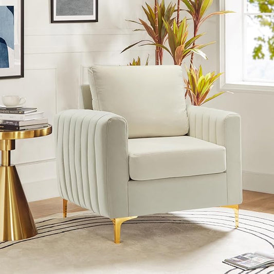 HULALA HOME Velvet Accent Club Chair, Modern Velvet Armchair Upholstered Accent Club Sofa Chair with Gold Metal Legs Mid-Century Barrel Leisure Comfy Reading Armchair, Ivory