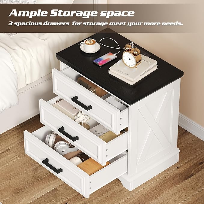 knoworld 24 Inch Wide Farmhouse Nightstands with Charging Station, White Nightstand with 3 Large Drawers, Rustic Wood End Table for Bedroom - Image 4