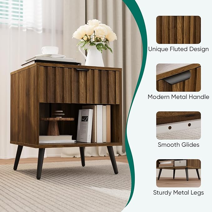 Smuxee Walnut Wooden Night Stand, Mid Century Nightstand with Fluted Drawer, Bedside Table with Open Shelf, Modern End Side Table for Bedroom - Image 4