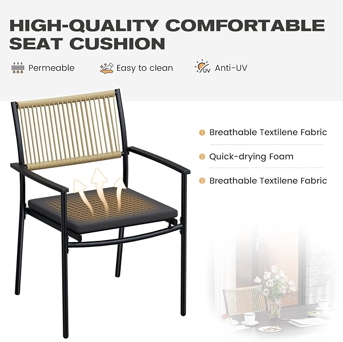 7 Pieces Outdoor Dining Set for 6, Large Steel Dining Table with Umbrella Hole, Wicker Patio Table and Rattan Chairs for Garden, Deck, Yard, Porch, Matte Metal Spray Coating Patio Dining Set, Black - Image 6