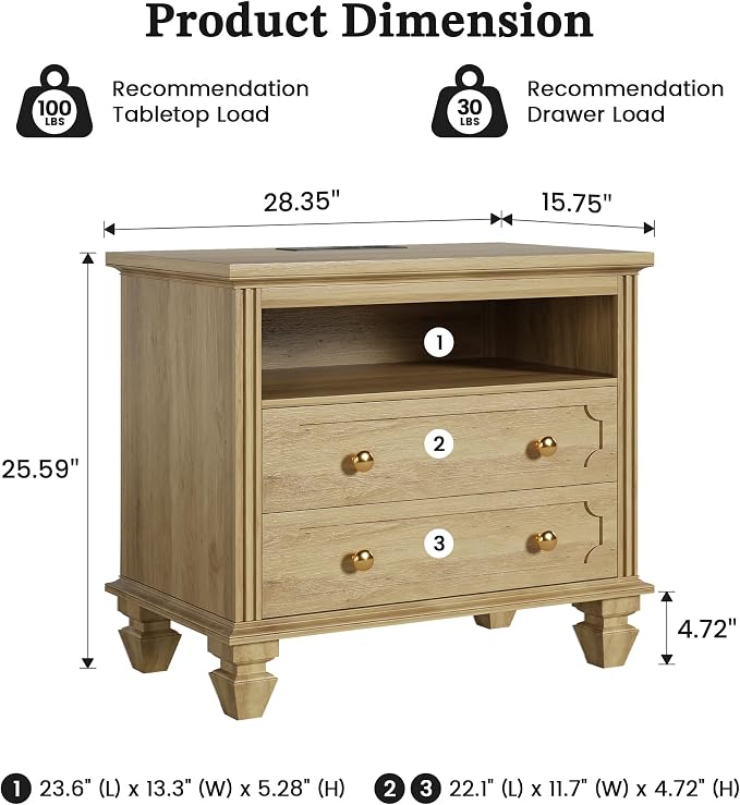 FREDEES 28'' Wide Night Stand with 2 Drawers, Smart Bedside Table with Outlet & Charger Station, Large Nightstand with 3 LED Lights, Farmhouse Solid Wood Leg for Bedroom, Natural Wood - Image 2