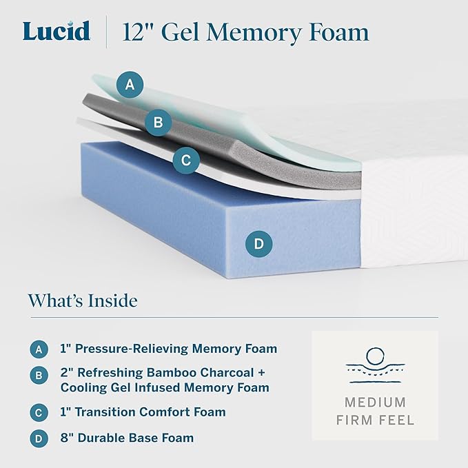 Lucid 12 Inch Memory Foam Mattress - Medium Firm Feel - Infused with Refreshing Bamboo Charcoal and Cooling Gel - Bed in a Box - Temperature Regulating - Pressure Relief - Breathable - Twin XL Size