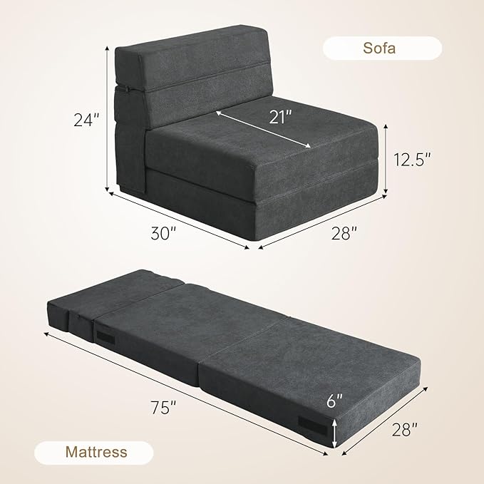 Folding Sofa Bed Single Size with Pillow Memory Foam Convertible Sleeper Chair Floor Couch Futon Lazy for Living Room Home Office Guest Beds Apartment Upstairs Loft, Dark Gray