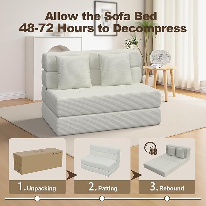 Folding Sofa Bed, Convertible Sleeper Chair & Couch Bed with Pillow, One-Piece High-Density Sponge Mattress, Multi-Purpose Corduroy Floor Sofa for Living Room, Office, Apartment, Beige, Twin