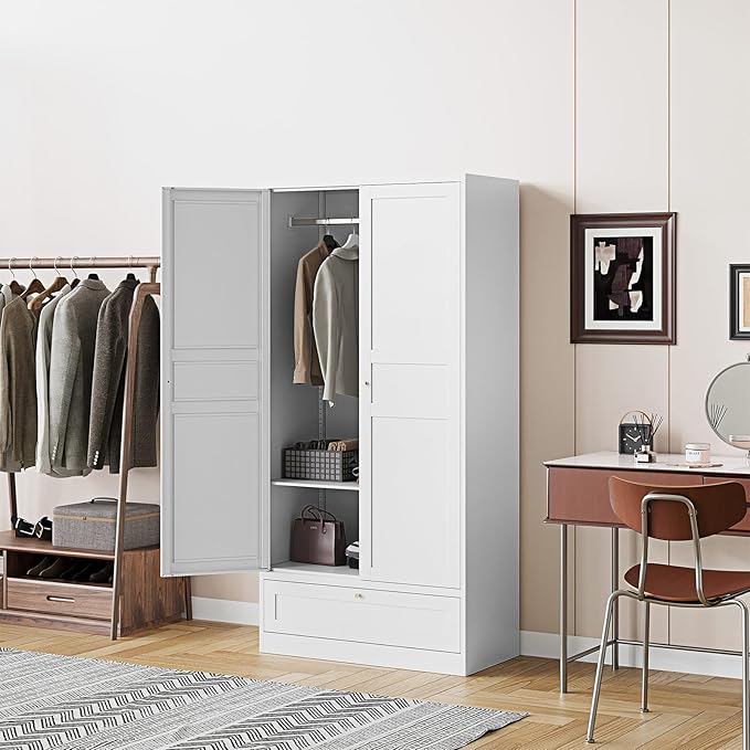 Steel Metal Wardrobe Armoire Closet with Drawer Clothing Locker Storage Cabinet 2 Door Closet Cabinet with Hanging Rod for Home Office Bedroom 72" X 36" X 18" White