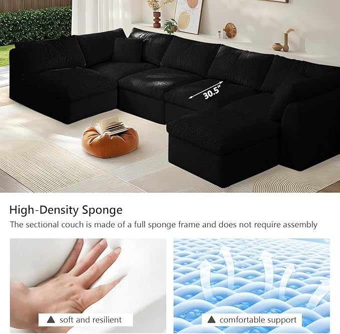 Modular Sectional Sofa Boneless Cloud Couch for Living Room, L Shape Deep Seat Recliner Sofa with Ottoman, Adjustable Backrest & 2 Throw Pillows - Covers Washable, (Black, 5 Seater+1 Ottoman)