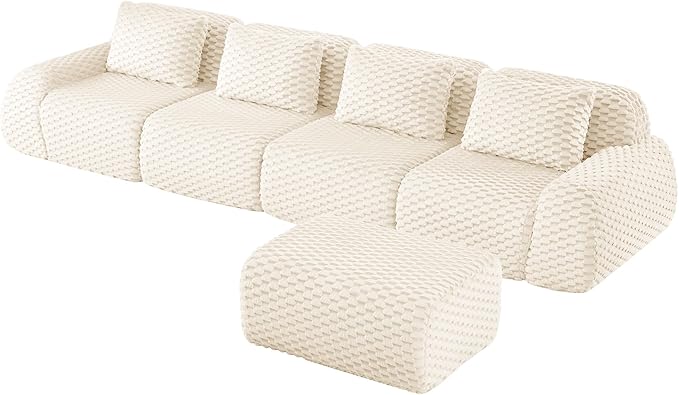 146" L-Shaped Compressed Sectional Cloud Sofa, Flannel Upholstered Modular Deep Seat Sofa with 5 Pieces, Modern Floor Boneless Foam Modular Cloud Couches for Living Room