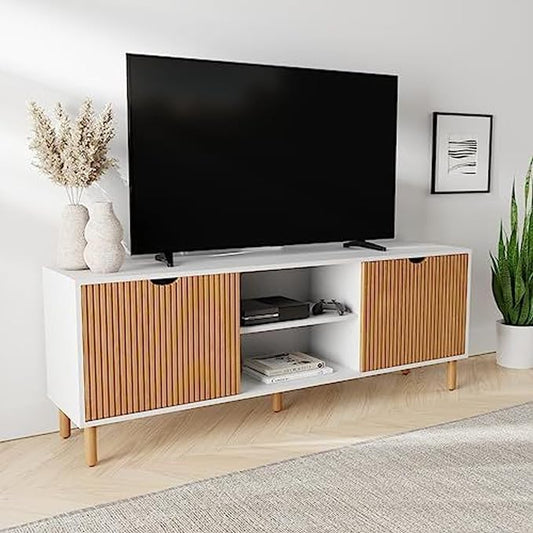Stead Fluted TV Stand - Media Console & Console Table with Cord Management - Soft-Close Doors & Adjustable Shelves Storage Cabinet - Living Room Entertainment Center - 70-Inch White & Oak by Stead