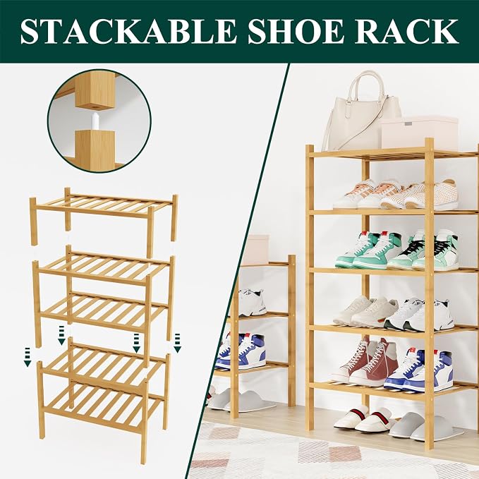 Smiry Shoe Rack, 5 Tier Small Bamboo Shoe Organizer, Stackable Free Standing Wooden Shoe Storage Shelf for Closet, Entryway, Front Door Entrance, Natural - Image 4