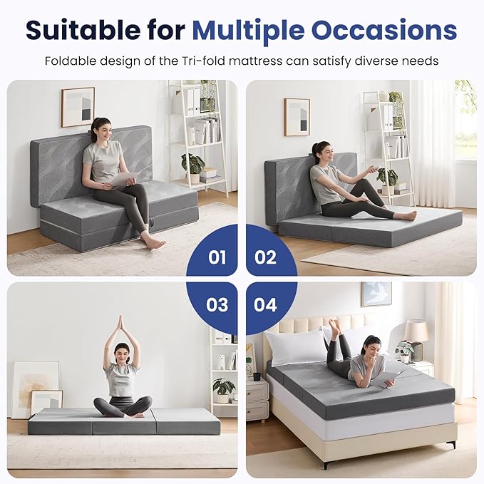 Foldable Mattress Queen, 6 Inch Memory Foam Folding Mattress Queen, Trifold Mattress with Breathable & Washable Cover, Portable Mattress for Guest Bed, 78"x58"x6", Grey