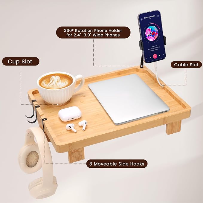 Bedside Shelf for Dorm Bed & Top Bunk, Bamboo Bed Side Table Tray with Cup Phone Holder & Hooks, Bedside Caddy, Clip on Nightstand Bedside Storage College Dorm Room Essentials (Bamboo) - Image 3