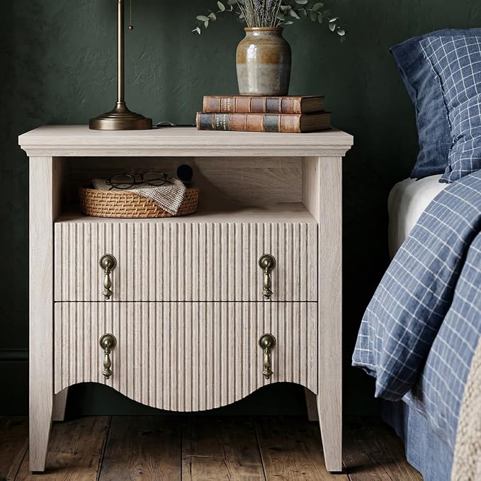 FUSUNBAO Nightstand with Charging Station, Vintage Bedside Table with 2 Fluted Drawers and Open Shelf, Rustic End Table with Power Outlet and USB Ports for Bedroom, White Oak by FUSUNBAO