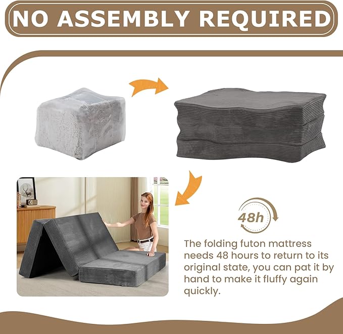 6-Inch Tri-Folding Mattress Queen Size - Foldable Futon Sofa Bed with Removable Washable Cover, Folding Futon Mattress | Non-Slip Bottom & Carry Handles for Guest, Camping, Dorm