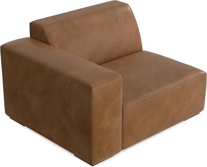 SIMPLIHOME Rex Left-Arm Sofa Module in Full-Grain Genuine Leather, Caramel Brown, 44-inches Wide, Handcrafted Modern-Style Left-Arm Accent Chair for Living Room and Family Room