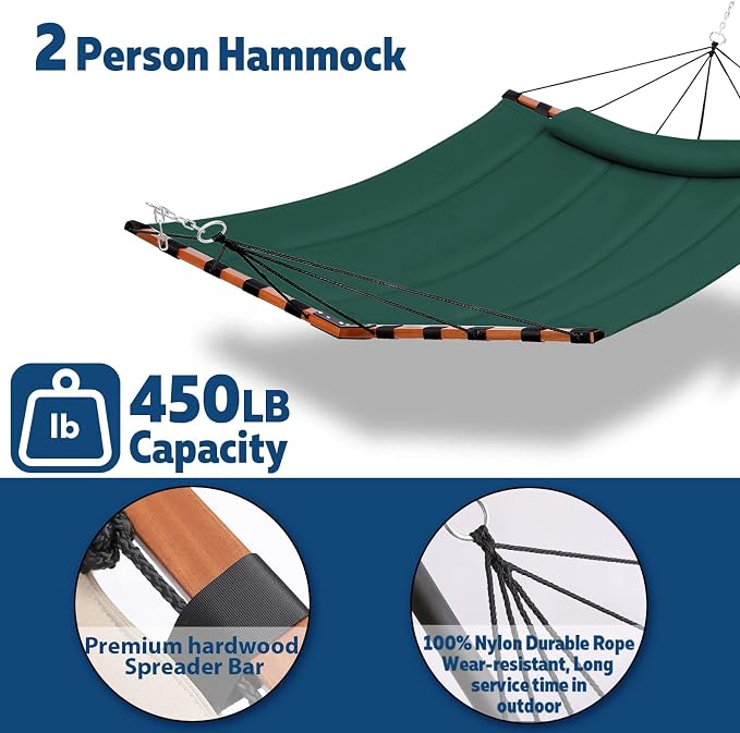 12FT 2 Person Hammock TegerDeger Large Hammock 450LB Capacity with V Shaped Hardwood Spreader Bar & Nylon Rope for Outside, Patio, Garden, Backyard, Beach, Poolside - Dark Green - Image 4