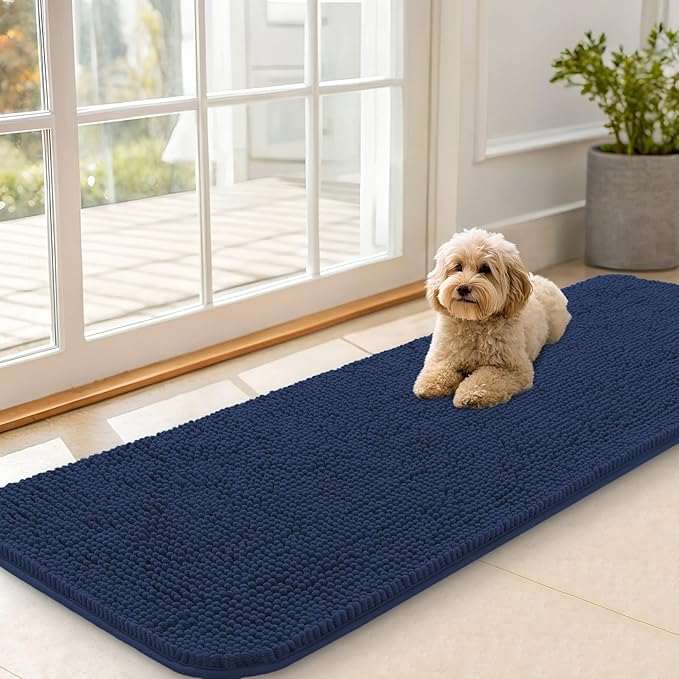 OLANLY Dog Door Mat for Muddy Paws 59x20, Absorbs Moisture and Dirt, Absorbent Non-Slip Washable Doormat, Quick Dry Chenille Mud Mat for Dogs, Entry Indoor Entryway Carpet for Inside Floor, Dark Blue by OLANLY